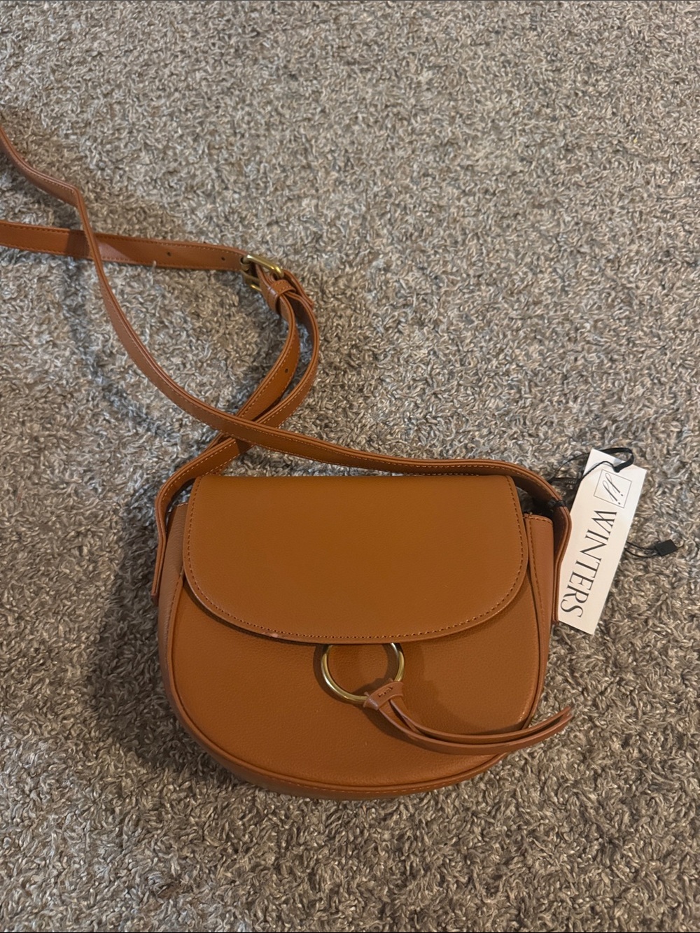 JJ Winters Tan Crossbody Saddle Bag with Gold Ring Detail
